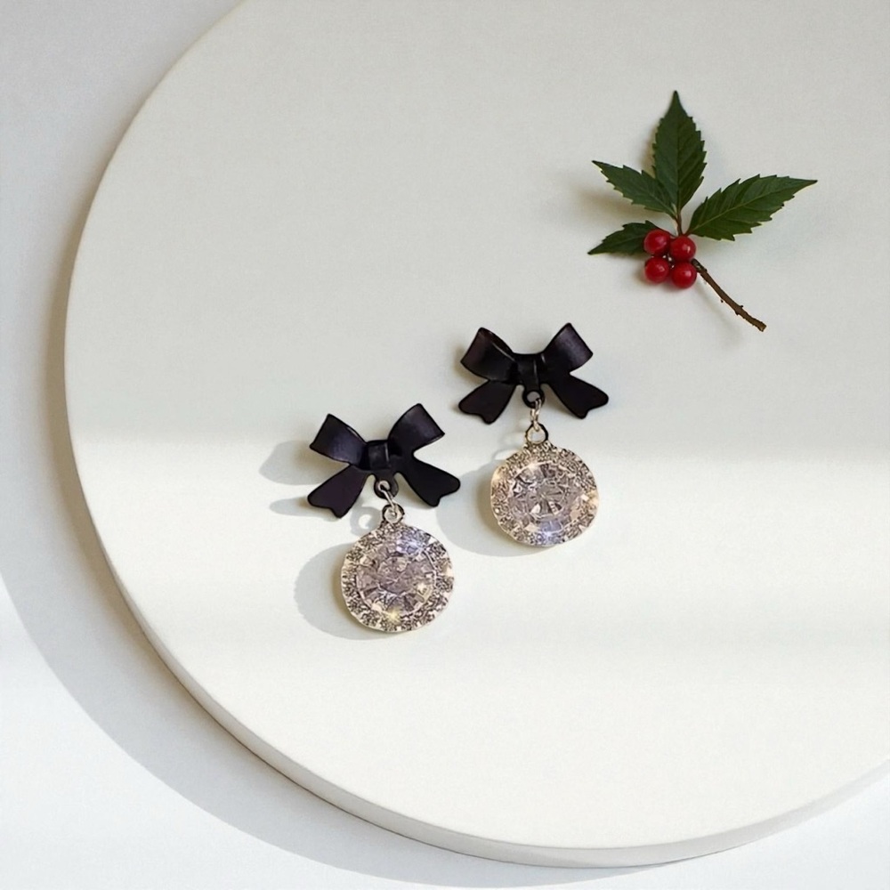 NEW chic black bow and zircon holiday drop earrings Christmas/Wedding NWT